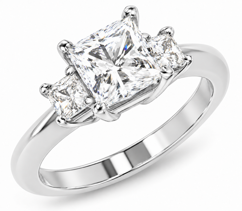 Three Stone 1 Carat Princess Cut Engagement Ring with lab grown simulated diamond quality cubic zirconia in 14k white gold.