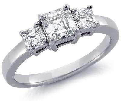 Three Stone 2.5 Carat Center Asscher Cut Lab Grown Diamond Simulant Cubic Zirconia Anniversary Engagement Ring