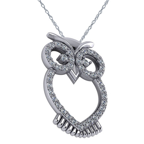 Owl Pendant with pave set round laboratory grown diamond quality cubic zirconia in 14k white gold.