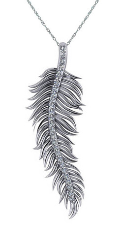 Feather Pendant with pave set round lab grown diamond quality cubic zirconia in 14k white gold.