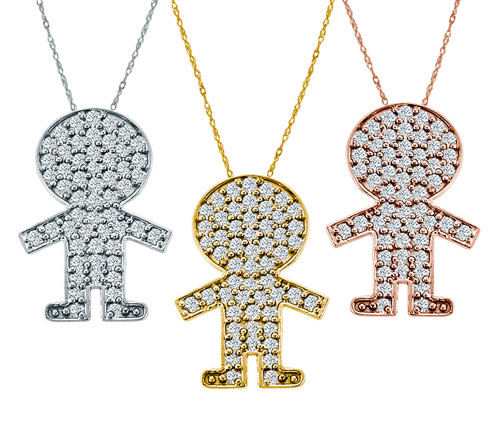 Little Boy Pendant with pave set round laboratory grown diamond look cubic zirconia in 14k gold.