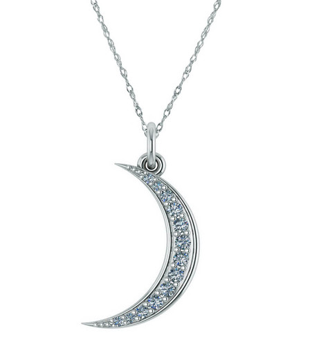 Crescent Moon Pendant with prong set round lab grown diamond look cubic zirconia in 14k white gold.