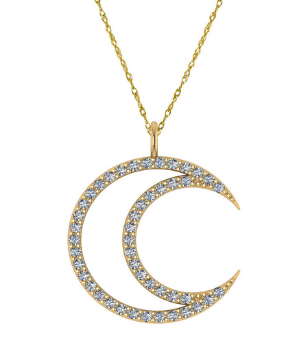 Lunar Crescent Moon Pendant with prong set round lab grown diamond look cubic zirconia in 14k yellow gold.