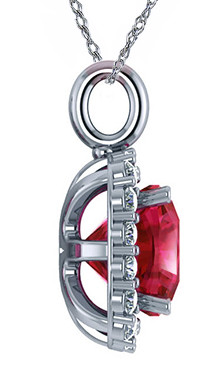 Chablis 2.5 Carat Cushion Cut Halo Pendant with lab grown diamond look cubic zirconia  and man made ruby gemstone in 14k white gold.