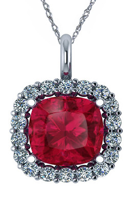 Chablis 2.5 Carat Cushion Cut Halo Pendant with lab grown diamond look cubic zirconia and man made ruby gemstone in 14k white gold.