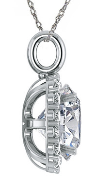 Chablis 2.5 Carat Cushion Cut Halo Pendant with laboratory grown diamond alternative cubic zirconia in 14k white gold.