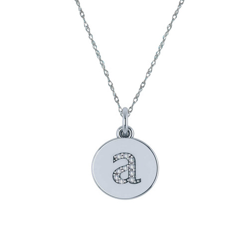 Mini vanity tag lab grown diamond quality cubic zirconia initial monogram circular disc pendant in 14k white gold.