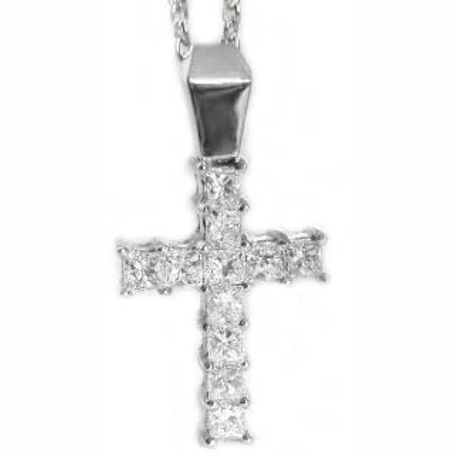 Quatrain Princess Cut Cross Pendant with lab grown diamond alternative cubic zirconia in 14k white gold.