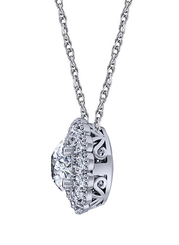 Corinthia 1.5 Carat Round Halo Antique Style Milgrain Pendant with lab grown diamond quality cubic zirconia in 14k white gold.