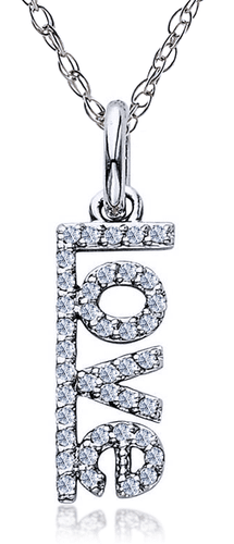 Vertical Love Pendant with pave set round lab grown diamond simulant cubic zirconia in 14k white gold.