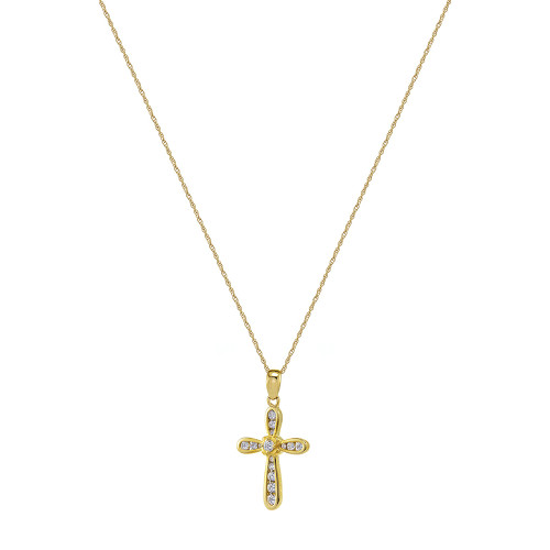 Bentley Channel Set Round Cross Pendant with lab grown diamond look cubic zirconia in 14k yellow gold.