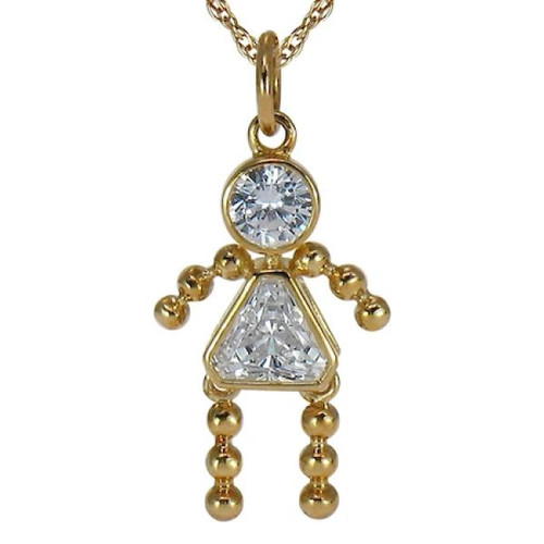 Girl Bezel Set Trillion Round Pendant with laboratory grown diamond simulant cubic zirconia in 14k yellow gold.
