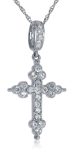 Fiorino Pave Set Round Cross Pendant with lab grown diamond look cubic zirconia in 14k white gold.