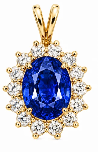 Oval 1.5 Carat Classic Cluster Man Made Sapphire Halo Pendant with lab grown diamond look cubic zirconia in 14k yellow gold.