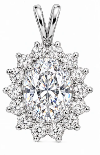 Oval 1.5 Carat Classic Cluster Cubic Zirconia Halo Pendant with lab created diamond look cubic zirconia in 14k white gold.