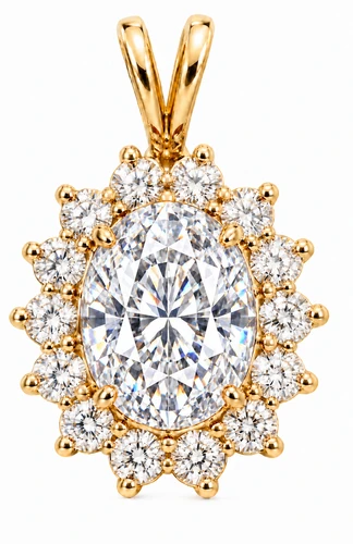 Oval 1.5 Carat Classic Cluster Cubic Zirconia Halo Pendant with lab created diamond look cubic zirconia in 14k yellow gold.