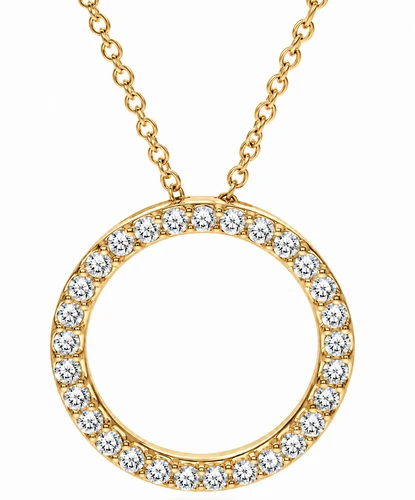 Medium Circle of Love Pave Set Round Anniversary Pendant with lab grown diamond look alternative cubic zirconia in 14k yellow gold.