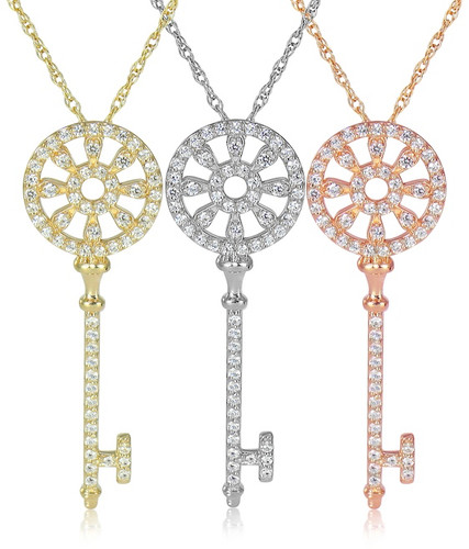 Carnivalle Key Pendant with lab grown diamond quality cubic zirconia in 14k gold.
