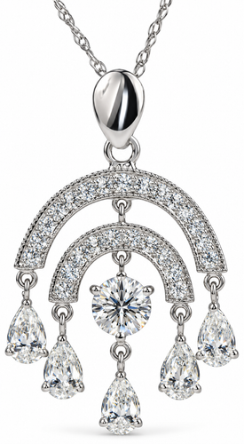 Jezebel Pear Pave Set Round Chandelier Pendant with lab grown diamond simulant cubic zirconia in 14k white gold.