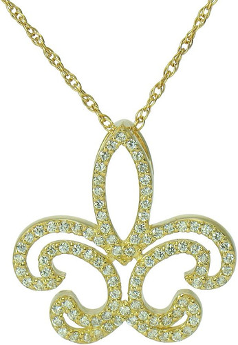 Fleur Pave Set Round Fleur Di Lys Pendant with laboratory grown diamond simulant cubic zirconia in 14k yellow gold.