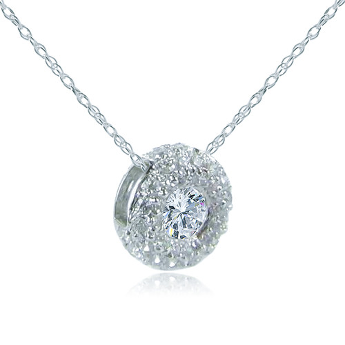 Pave set round bezel set lab created diamond look cubic zirconia pendant with chain necklace in 14k white gold.