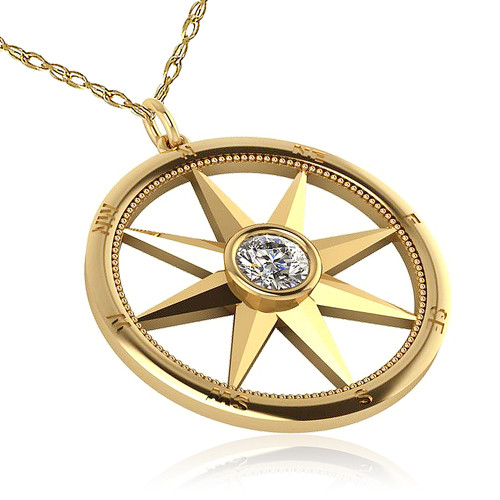 Nautical Compass Rose Bezel Set Round Pendant with lab grown diamond alternative cubic zirconia in 14k yellow gold.