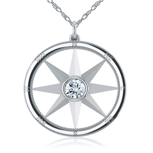 Nautical Compass Rose Bezel Set Round Pendant with lab grown diamond look cubic zirconia in 14k white gold.