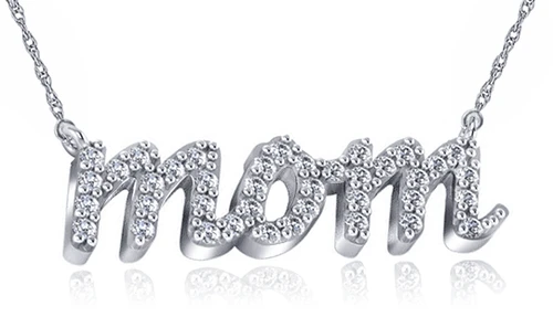 Mom Pave Set Pendant Necklace with lab grown diamond simulant cubic zirconia in 14k white gold.