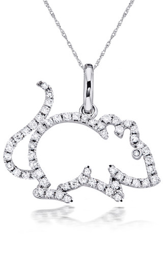Rat Chinese Zodiac Animal Pave Set Round Pendant with lab grown diamond alternative cubic zirconia in 14k white gold.