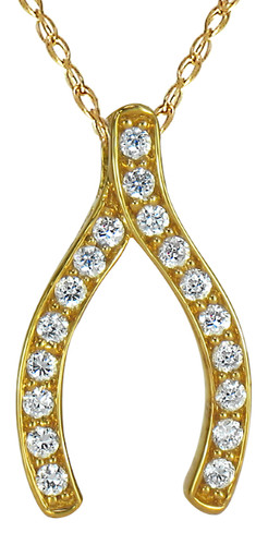Wishing Bone Pave Set Round Pendant with lab grown diamond look cubic zirconia in 14k yellow gold.