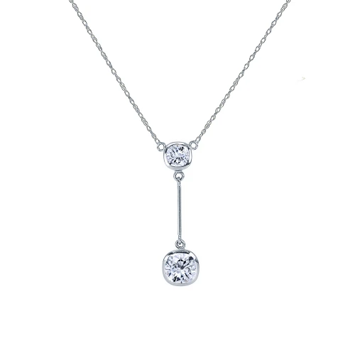 2.5 Carat Bezel Set Cushion Cut Lariat Drop Necklace with laboratory grown diamond look cubic zirconia in 14k white gold.