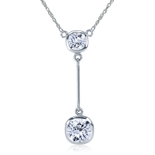 2.5 Carat Bezel Set Cushion Cut Lariat Drop Necklace with laboratory grown diamond look cubic zirconia in 14k white gold.