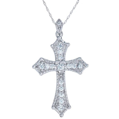 Dimitra Engraved Milgrain Round Cross Pendant with lab grown diamond look cubic zirconia in 14k white gold.