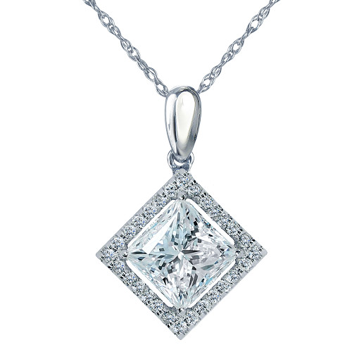 LaRue Halo Pendant 1.5 Carat Princess Cut Necklace with lab grown diamond simulant cubic zirconia in 14k white gold.
