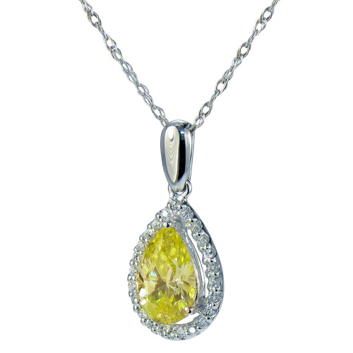 LaRue Halo Pendant 1.5 Carat Pear Necklace with lab grown canary yellow diamond alternative cubic zirconia in 14k white gold.