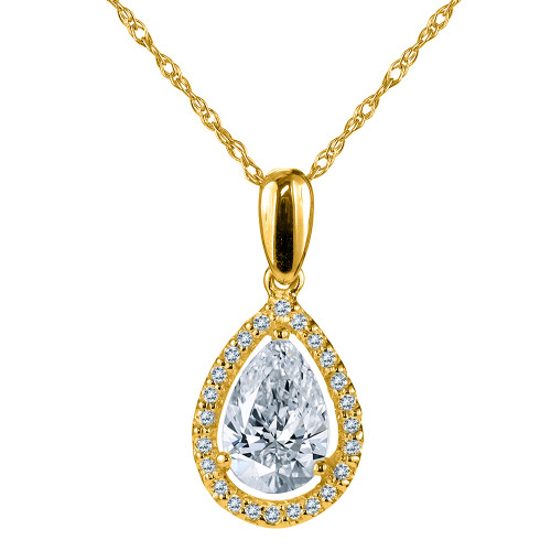 LaRue Halo Pendant 1.5 Carat Pear Necklace with lab grown diamond simulant cubic zirconia in 14k yellow gold.