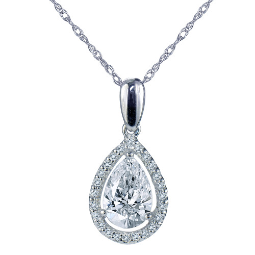 LaRue Halo Pendant 1.5 Carat Pear Necklace with lab grown diamond simulant cubic zirconia in 14k white gold.