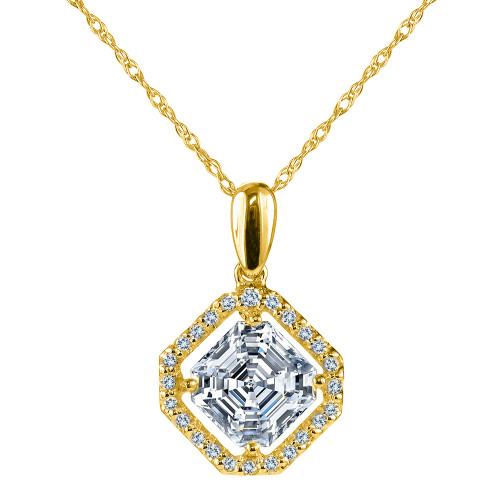 LaRue Halo Pendant 1.5 Carat Asscher Cut Necklace with lab grown diamond quality cubic zirconia in 14k yellow gold.