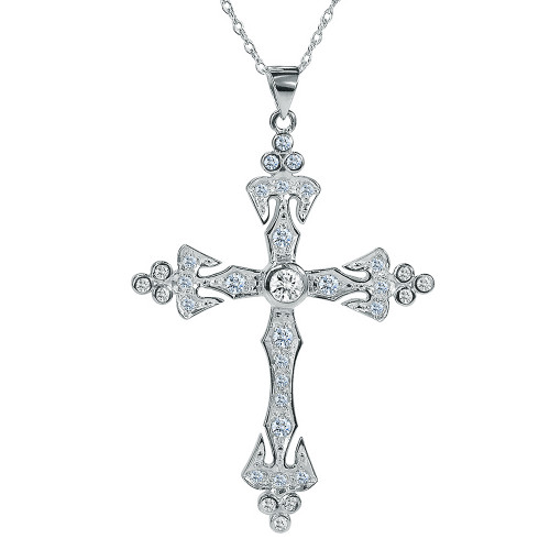 Alastair Pave Set Round Bezel Antique Cross Pendant with lab grown diamond look cubic zirconia in 14k white gold.