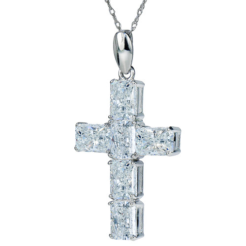 Arista Emerald Radiant Cut Cross Pendant with lab grown diamond look cubic zirconia in 14k white gold.