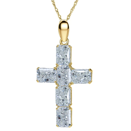Arista Emerald Radiant Cut Cross Pendant with lab grown diamond simulant cubic zirconia in 14k yellow gold.