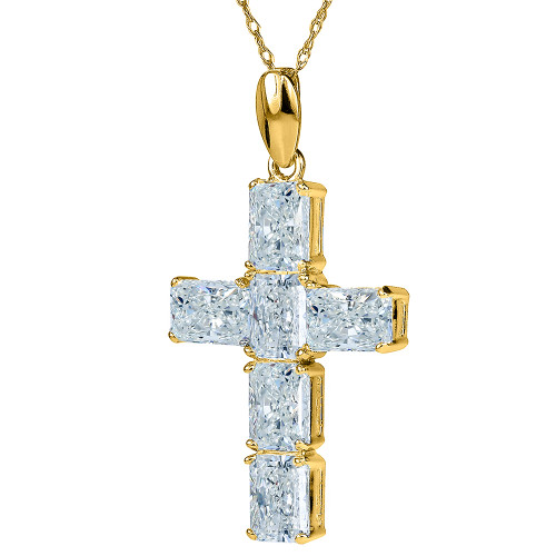 Arista Emerald Radiant Cut Cross Pendant with lab grown diamond look cubic zirconia in 14k yellow gold.