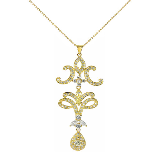 Desdemona Marquise Pave Set Round Milgrain Drop Pendant with lab grown diamond alternative cubic zirconia in 14k yellow gold.