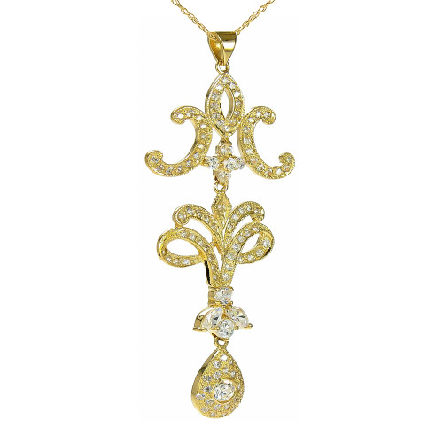 Desdemona Marquise Pave Set Round Milgrain Drop Pendant with lab grown diamond simulant cubic zirconia in 14k yellow gold.