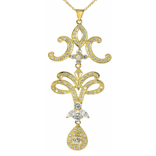 Desdemona Marquise Pave Set Round Milgrain Drop Pendant with lab grown diamond look cubic zirconia in 14k yellow gold.