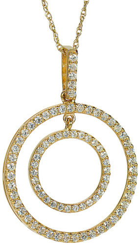 Aurelius Prong Set Round Double Circle Pendant with lab grown diamond alternative cubic zirconia in 14k yellow gold.