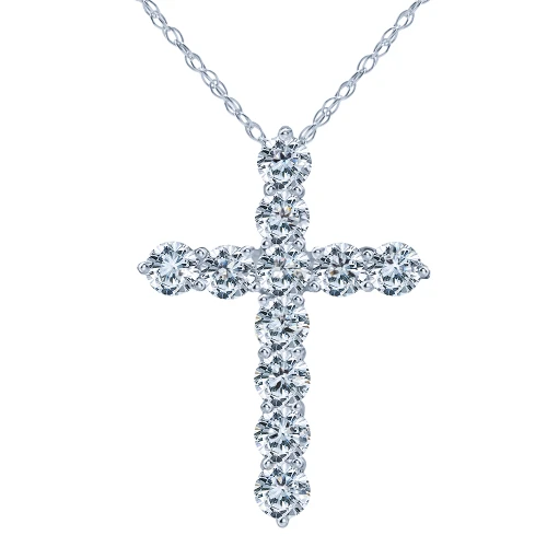 Tiphany Medium Cross Round Shared Prong Pendant with lab grown diamond simulant cubic zirconia in 14k white gold.