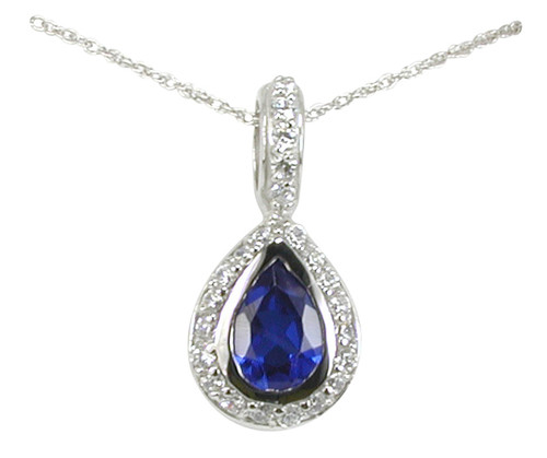 Jourdain Pear Pendant with a man made sapphire gemstone and lab grown diamond look cubic zirconia in 14k white gold.