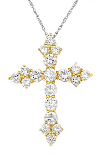 Drisden Cross Basket Set Round Pendant with lab grown diamond simulant cubic zirconia in 14k yellow gold.