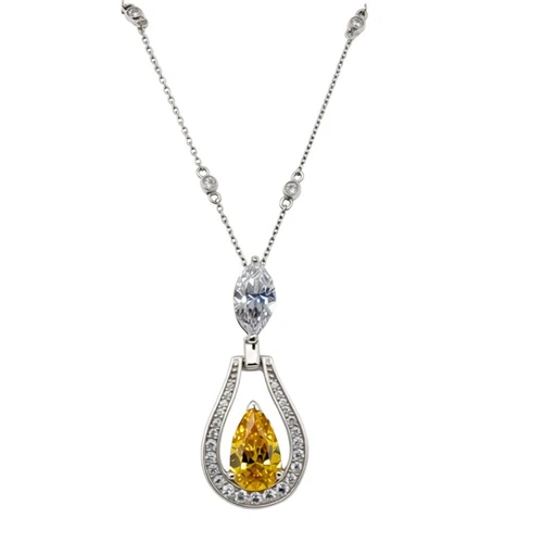 Nova Pear Marquis Pave Round Drop Pendant Necklace with lab grown canary diamond diamond simulant cubic zirconia in 14k white gold.